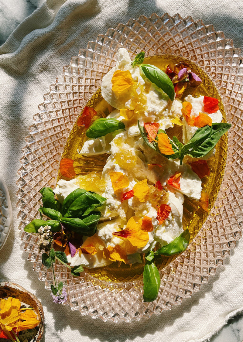 Burrata Plate with Arise Basil Olive Oil, Honeycomb, & Basil