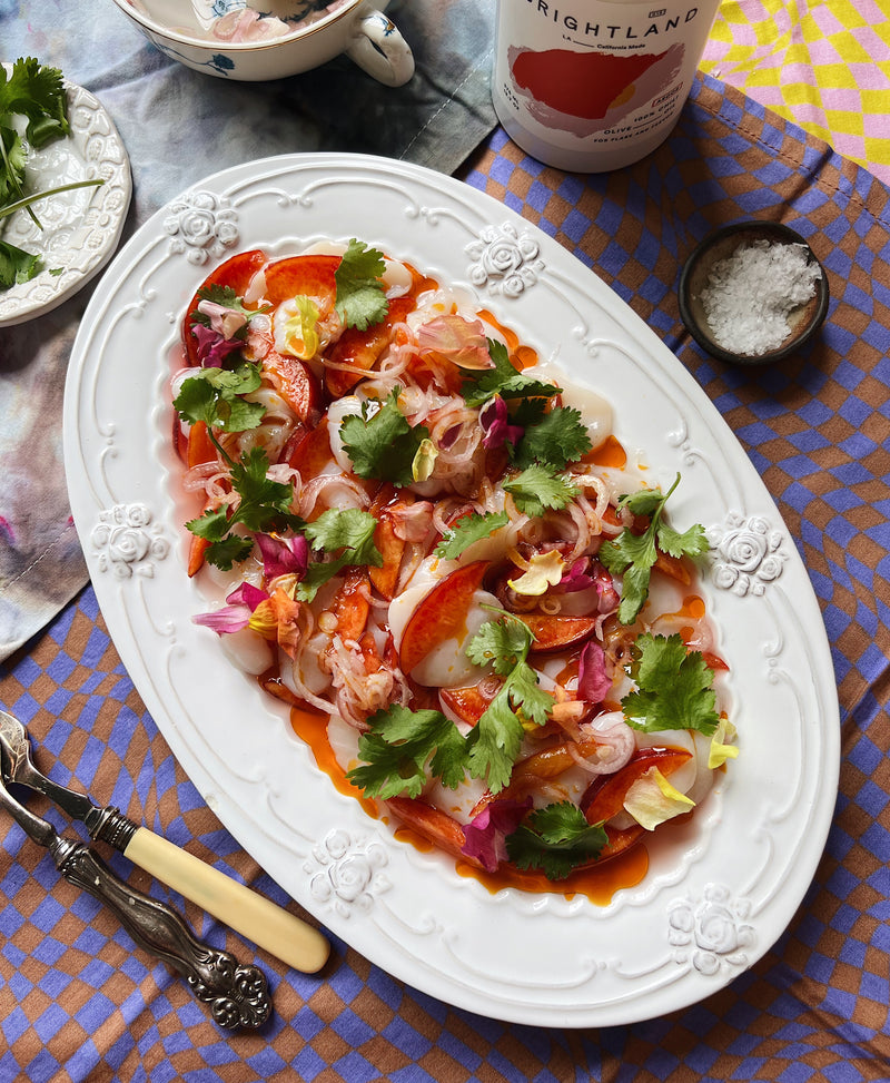 Scallop Crudo with Peaches & Lime-Marinated Shallots